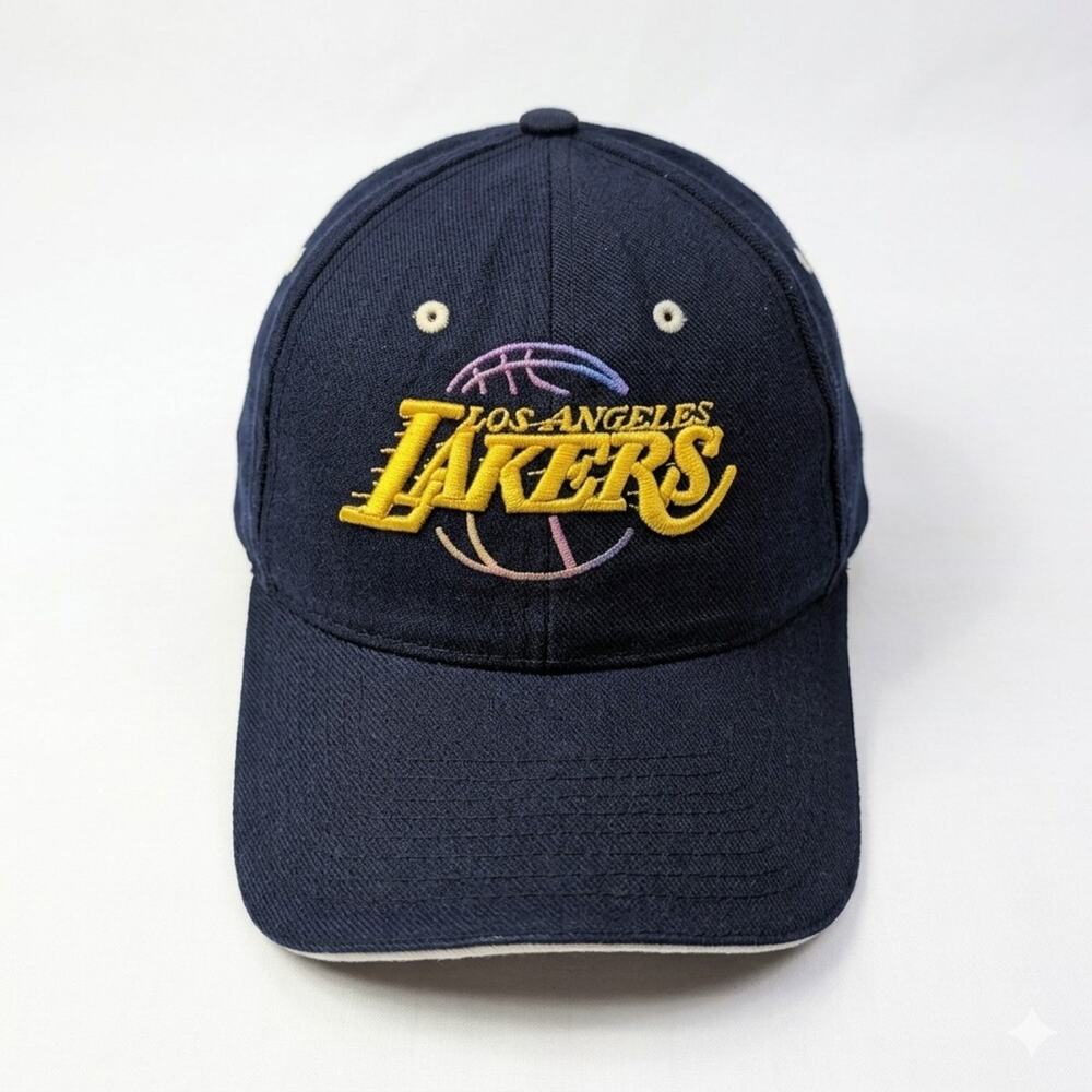 Vtg LA Lakers Strapback Hat Distressed Paint Splat Navy Blue NBA - READ
